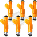 Rear view of 6 Bosch 4-hole EV6 fuel injectors flow matched for Jeep inline 6-cylinder engines