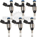 Six GM 12634126 fuel injectors side view with new O-rings and seals – rebuilt OEM GDI