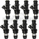 Set of eight OEM Delphi 25317628 fuel injectors for GM 4.8L, 5.3L, and 6.0L V8 engines, flow-matched and rebuilt.