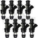 Side view of eight OEM Delphi 25317628 rebuilt fuel injectors for GM 4.8L, 5.3L, and 6.0L V8 engine applications.